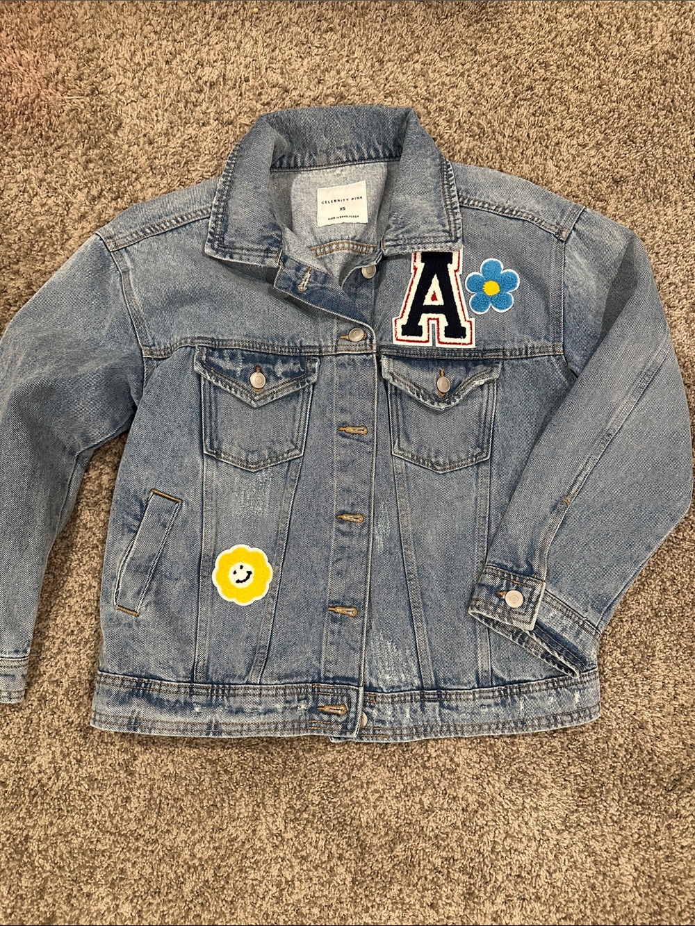 Celebrity Pink Light Blue Denim Jacket with Flower & 'A' Patches